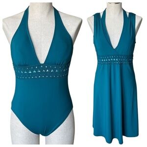 DKNY Teal Green Halter Rhinestone Studded Swimsuit Sz 10 NWT & Cover-Up Dress L